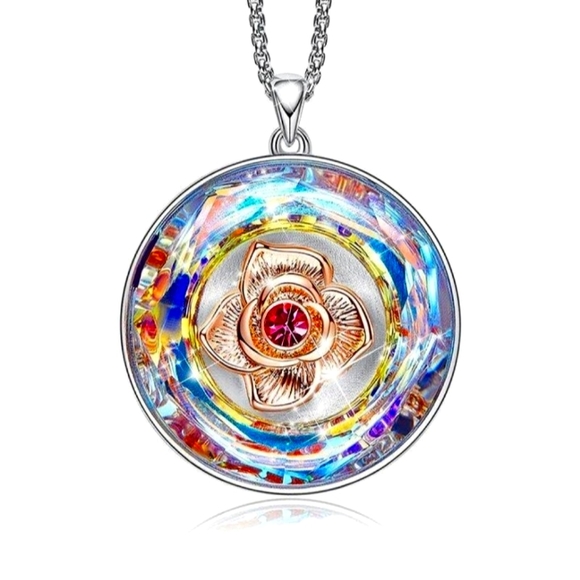 Austrian Crystal Rainbow Engraved Disc Pendant 18k WhiteGold Necklace - Picture 6 of 14